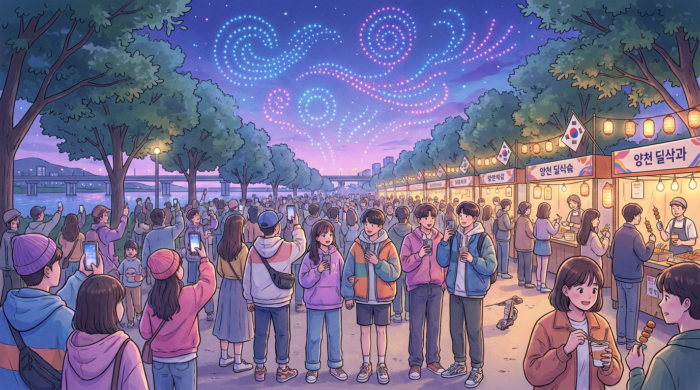 Crowd Fills Luktsem Han River Park for Elegant Brothers' Drone Light Show and Yangcheon Delicacies