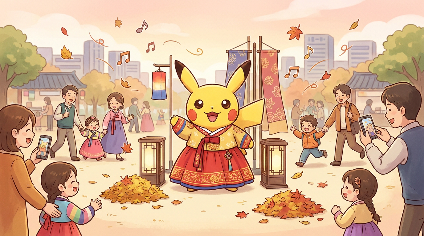 Pokémon Pikachu in Traditional Korean Clothing: A Fall Family Outing in Seoul