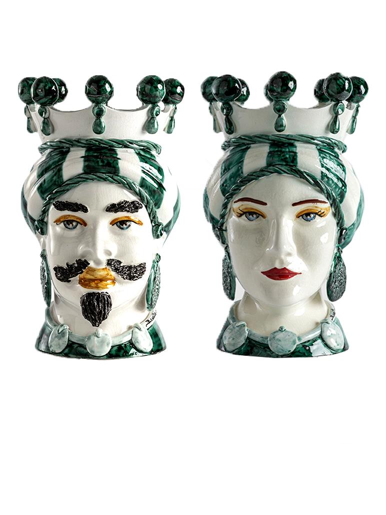 Teste di Moro 35 cm With Acanto Glossy Ramina Green Strip Turban - Set of 2 vases