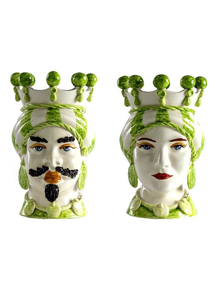 Teste di Moro 40 cm With Glossy Light Green Stripe Turban - Set of 2 vases