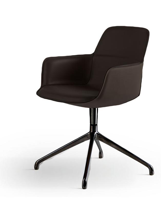Barbican Chair with Armrests - Saddle Leather Dark Brown / Glossy Pewter